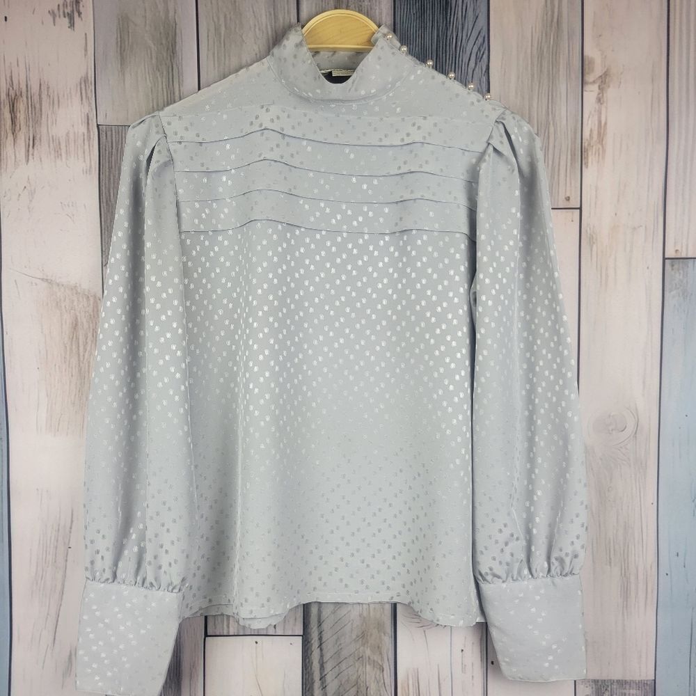 Vintage Katelyn Court Silver Shimmery Ling Sleeve Blouse High Neck Size Medium